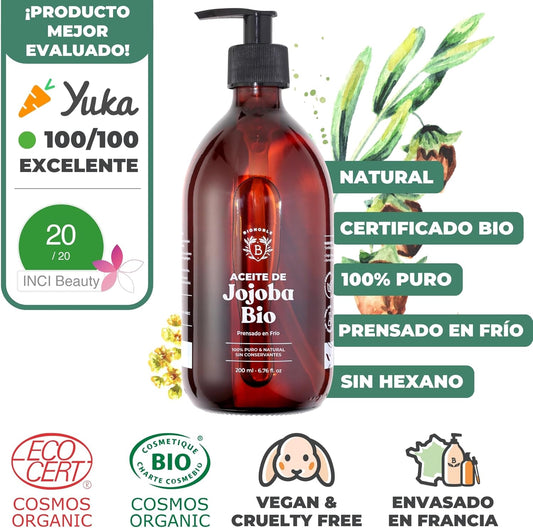 Bionoble Aceite De Jojoba Orgánico 200Ml - 100% Puro, Natural Y Prensado En Frío - Rostro, Cuerpo, Cabello, Barba, Uñas - Vegano Y Cruelty Free - Jojoba Oil - Botella De Vidrio + Bomba
