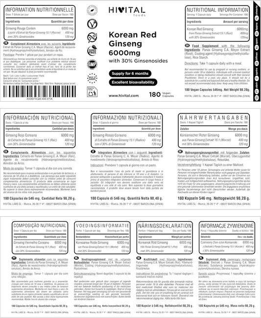 Ginseng Rojo Coreano 6000 Mg. 180 Cápsulas Veganas Para 6 Meses De Tratamiento. Extracto Natural De Raíz 15:1 Con Un 30% De Ginsenosidos Por Cápsula. Fabricado En España Por HIVITAL
