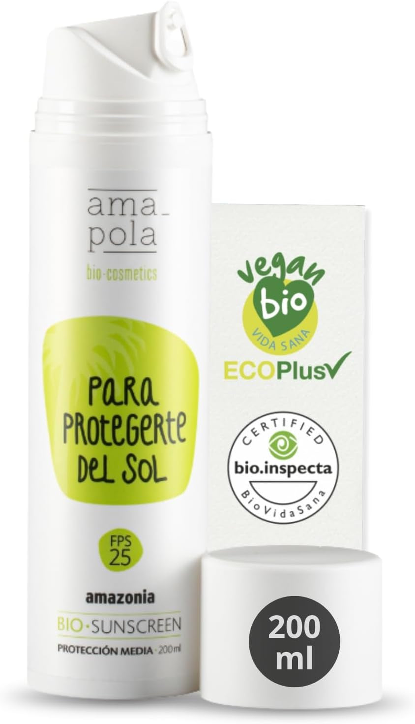 Protector Solar Ecológico Amapola Bio Cosmetics Crema Solar Corporal SPF 25 – Mineral, Biodegradable, Sin Fragancia, Para Piel Sensible, 100% Natural, 200Ml