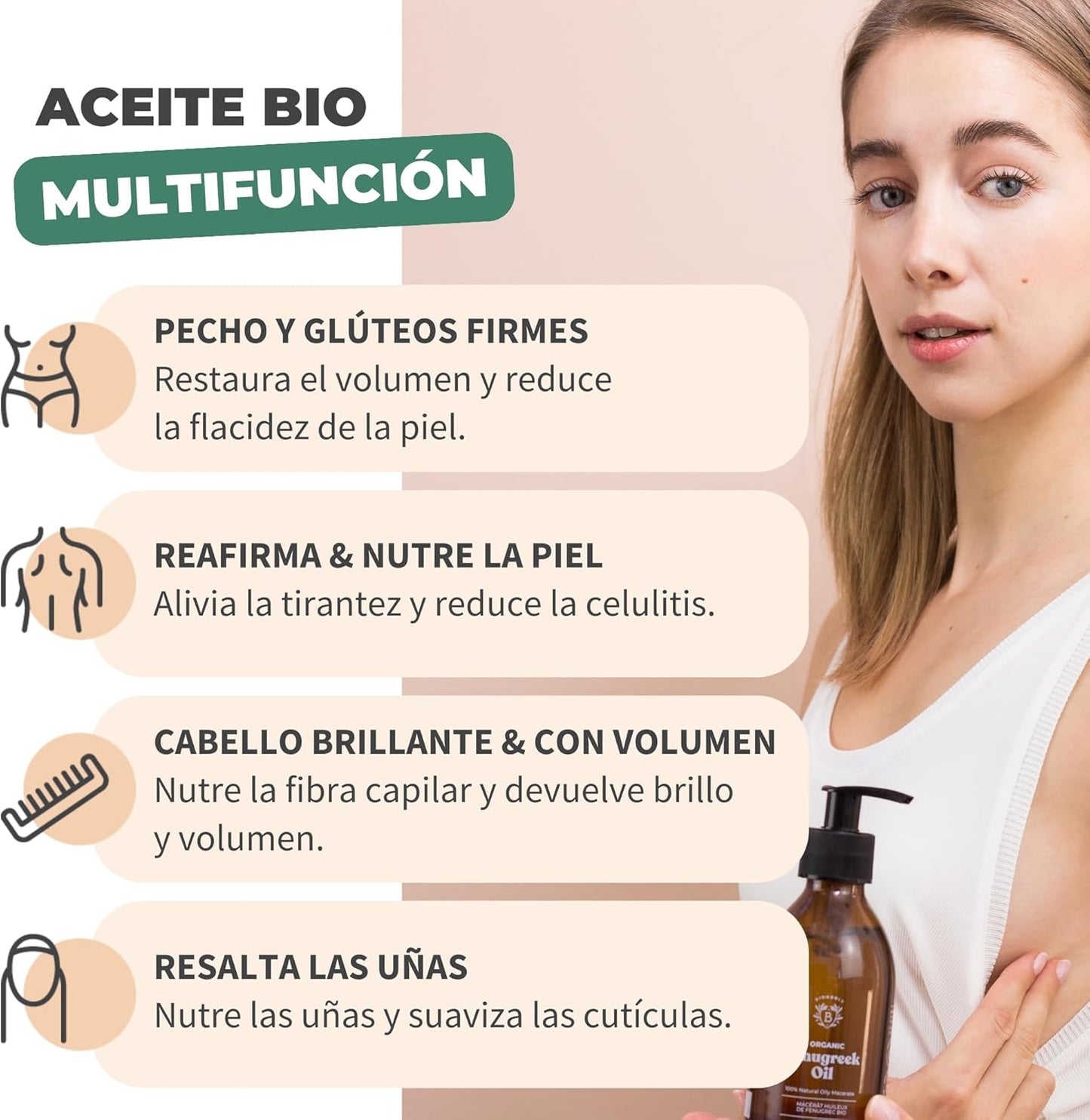 Bionoble Aceite De Fenogreco Orgánico 50Ml - Macerado De Fenogreco Y Aceite De Girasol - Cuerpo, Pecho, Glúteos, Cabello - Vegano Y Cruelty Free - Botella De Vidrio + Pipeta + Bomba