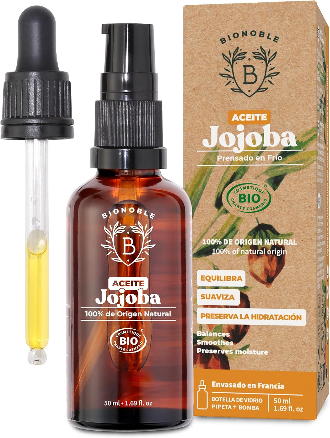 Bionoble Aceite De Jojoba Orgánico 50Ml 100% Puro, Natural Y Prensado En Frío - Rostro, Cuerpo, Cabello, Barba, Uñas - Vegano Y Cruelty Free - Jojoba Oil - Botella De Vidrio + Pipeta + Bomba.