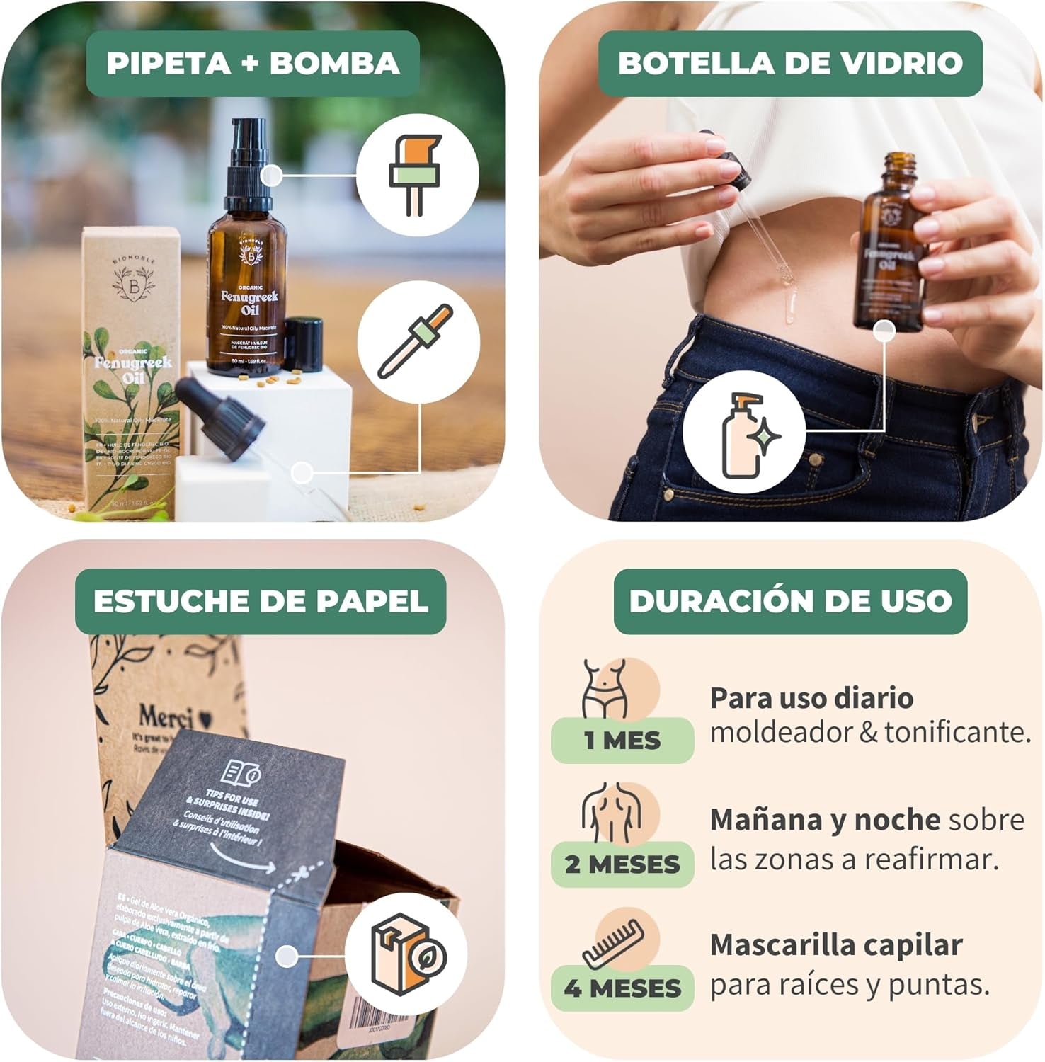 Bionoble Aceite De Fenogreco Orgánico 50Ml - Macerado De Fenogreco Y Aceite De Girasol - Cuerpo, Pecho, Glúteos, Cabello - Vegano Y Cruelty Free - Botella De Vidrio + Pipeta + Bomba