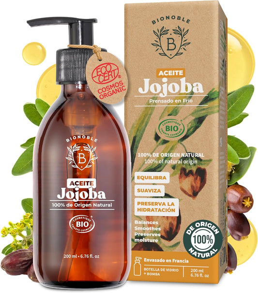 Bionoble Aceite De Jojoba Orgánico 200Ml - 100% Puro, Natural Y Prensado En Frío - Rostro, Cuerpo, Cabello, Barba, Uñas - Vegano Y Cruelty Free - Jojoba Oil - Botella De Vidrio + Bomba