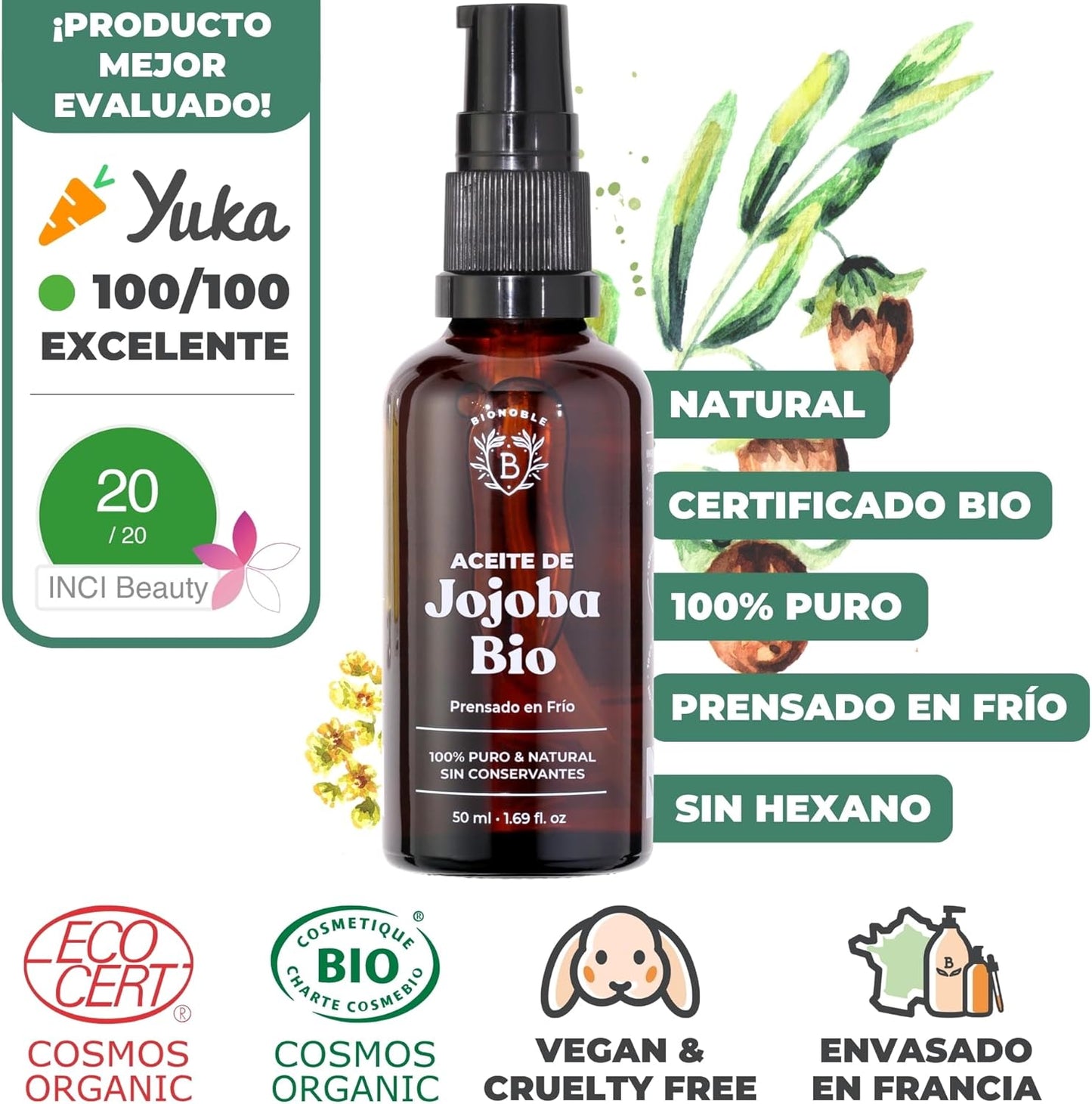 Bionoble Aceite De Jojoba Orgánico 50Ml 100% Puro, Natural Y Prensado En Frío - Rostro, Cuerpo, Cabello, Barba, Uñas - Vegano Y Cruelty Free - Jojoba Oil - Botella De Vidrio + Pipeta + Bomba.
