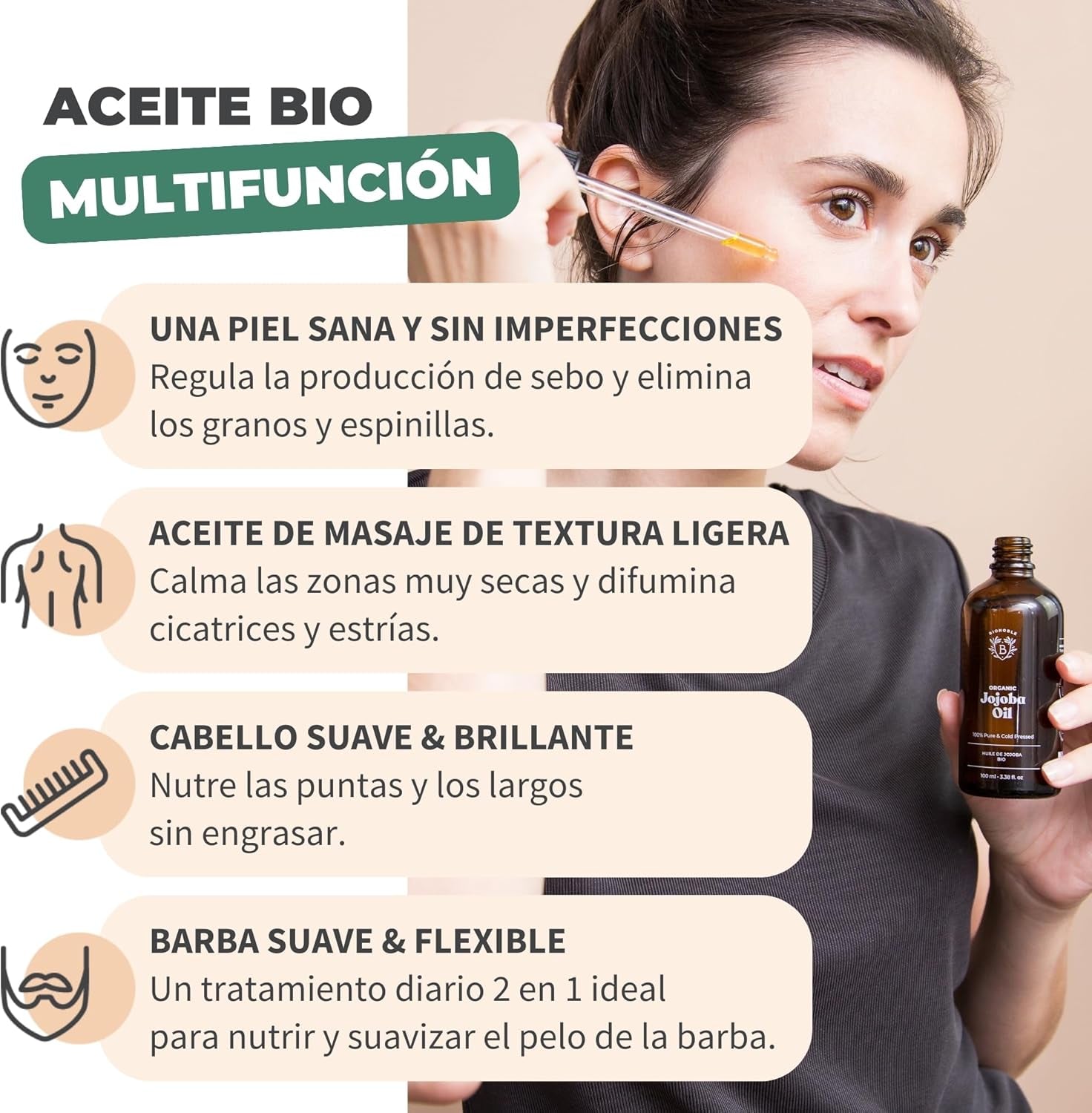 Bionoble Aceite De Jojoba Orgánico 50Ml 100% Puro, Natural Y Prensado En Frío - Rostro, Cuerpo, Cabello, Barba, Uñas - Vegano Y Cruelty Free - Jojoba Oil - Botella De Vidrio + Pipeta + Bomba.