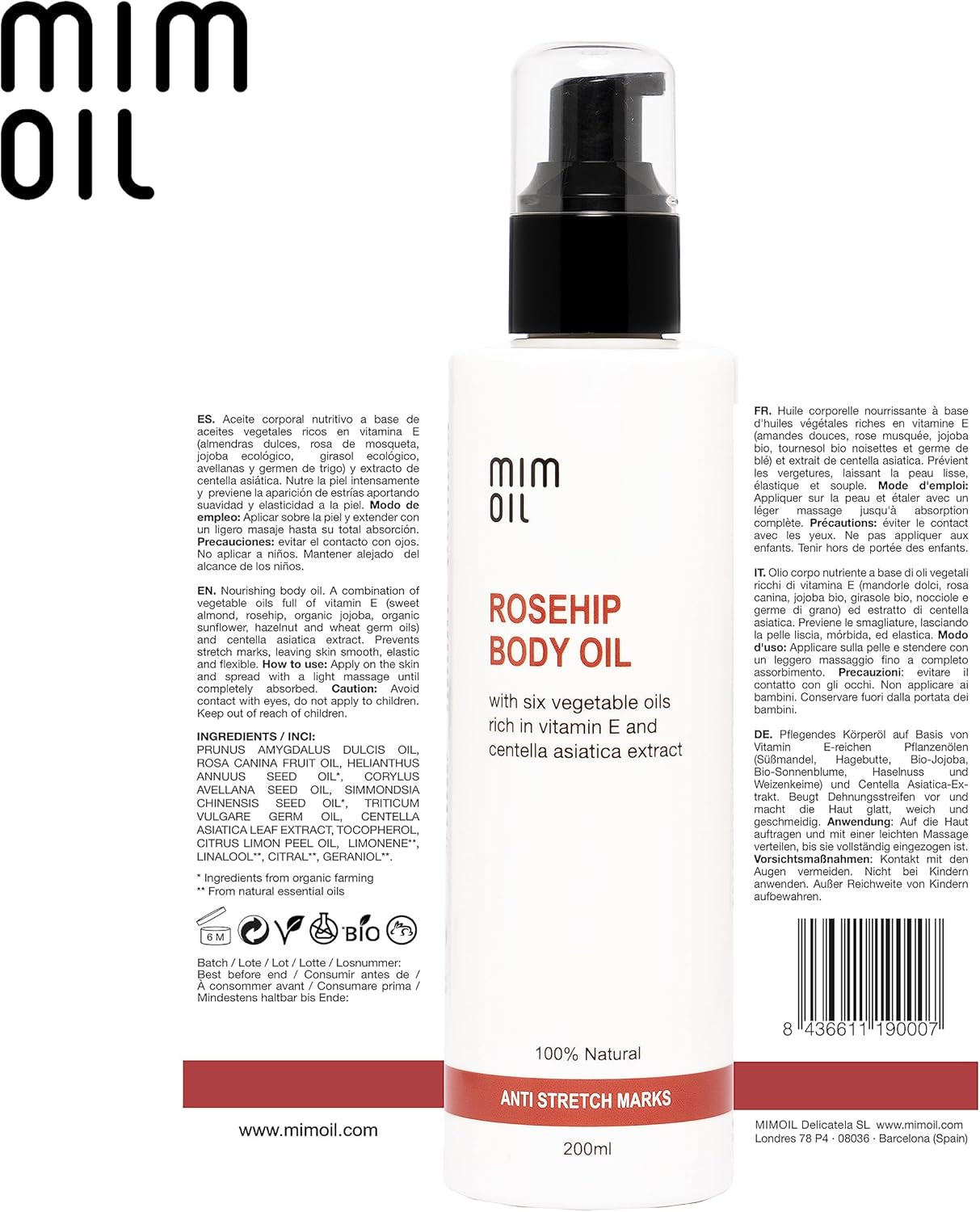 Aceite Antiestrías Con Rosa Mosqueta, Almendras Dulces, Centella Asiática Y Aceites Ricos En Vitamina E. 200 Ml. 100% Natural. Hidrata Y Ayuda a Prevenir Las Estrías Durante Embarazo Y Adolescencia.