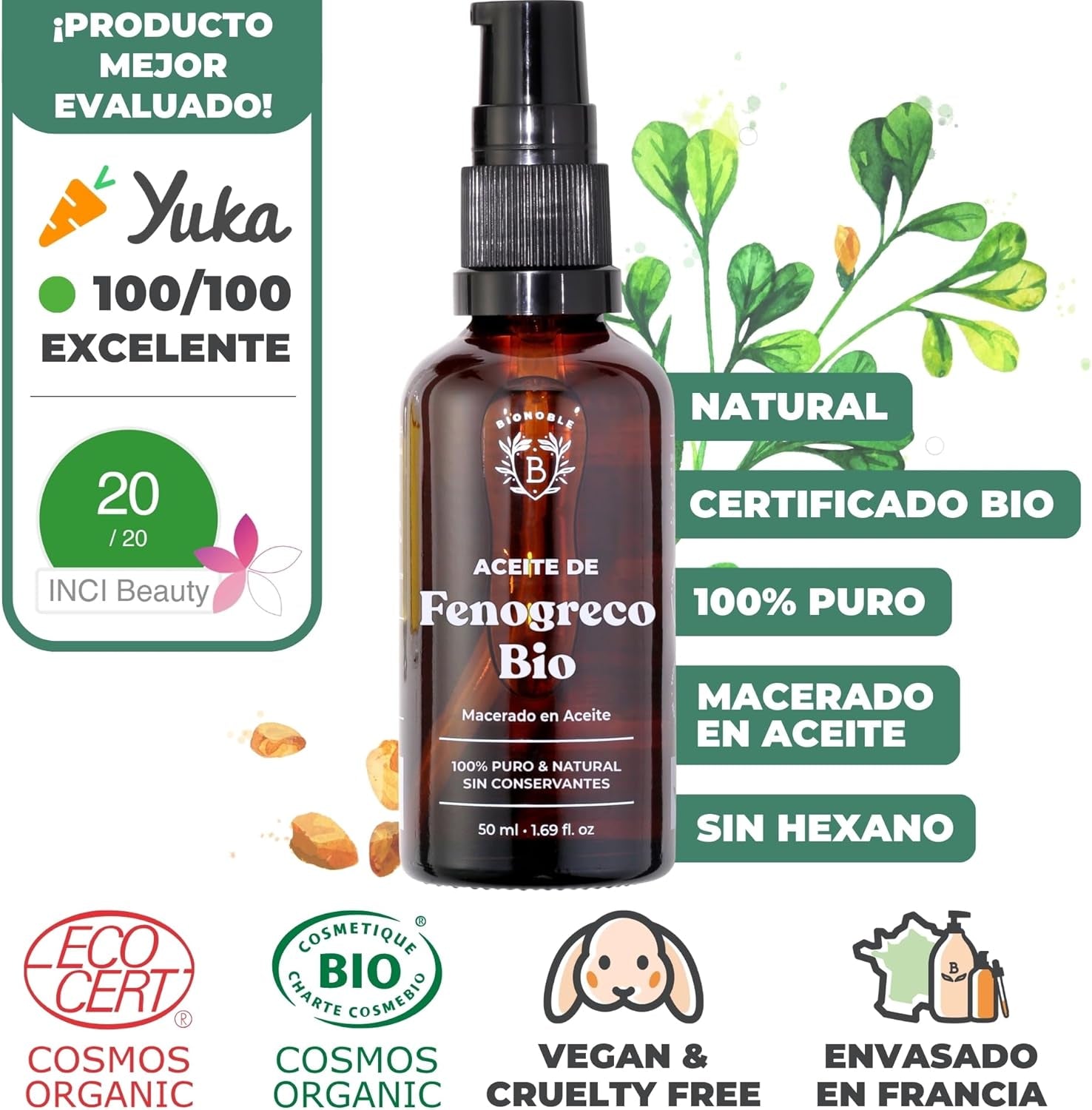 Bionoble Aceite De Fenogreco Orgánico 50Ml - Macerado De Fenogreco Y Aceite De Girasol - Cuerpo, Pecho, Glúteos, Cabello - Vegano Y Cruelty Free - Botella De Vidrio + Pipeta + Bomba
