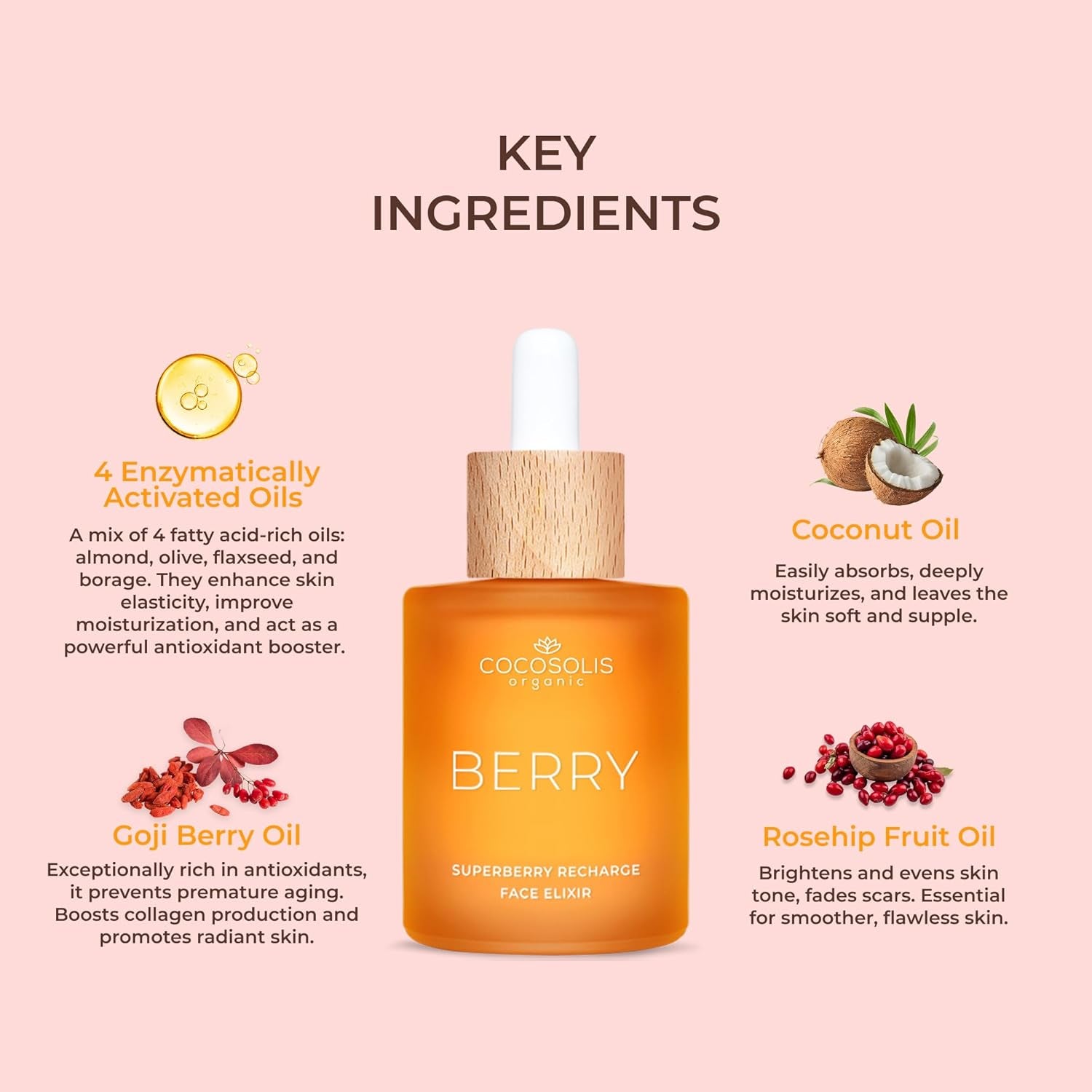 COCOSOLIS BERRY Superberry Recharge Face Elixir Facial Con Aceites Orgánicos, Cuidado Dietético Vegano Con Vitamina E Y Aceites Activados Por Enzimas