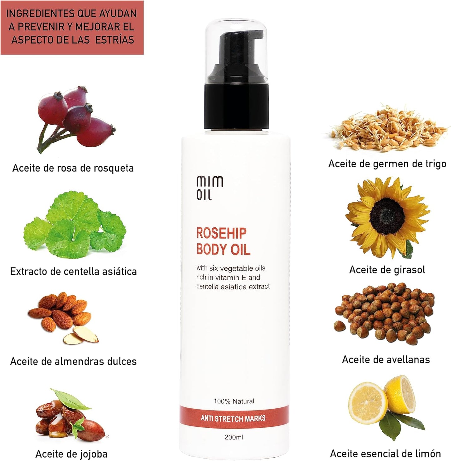 Aceite Antiestrías Con Rosa Mosqueta, Almendras Dulces, Centella Asiática Y Aceites Ricos En Vitamina E. 200 Ml. 100% Natural. Hidrata Y Ayuda a Prevenir Las Estrías Durante Embarazo Y Adolescencia.
