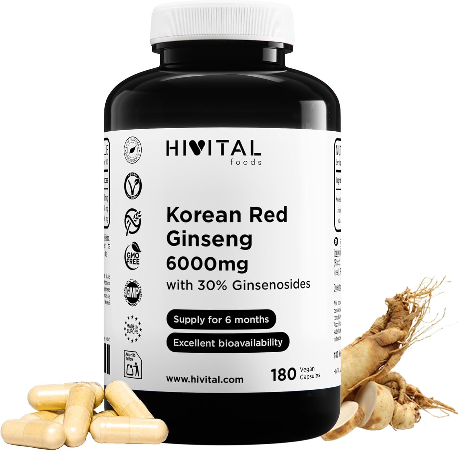 Ginseng Rojo Coreano 6000 Mg. 180 Cápsulas Veganas Para 6 Meses De Tratamiento. Extracto Natural De Raíz 15:1 Con Un 30% De Ginsenosidos Por Cápsula. Fabricado En España Por HIVITAL