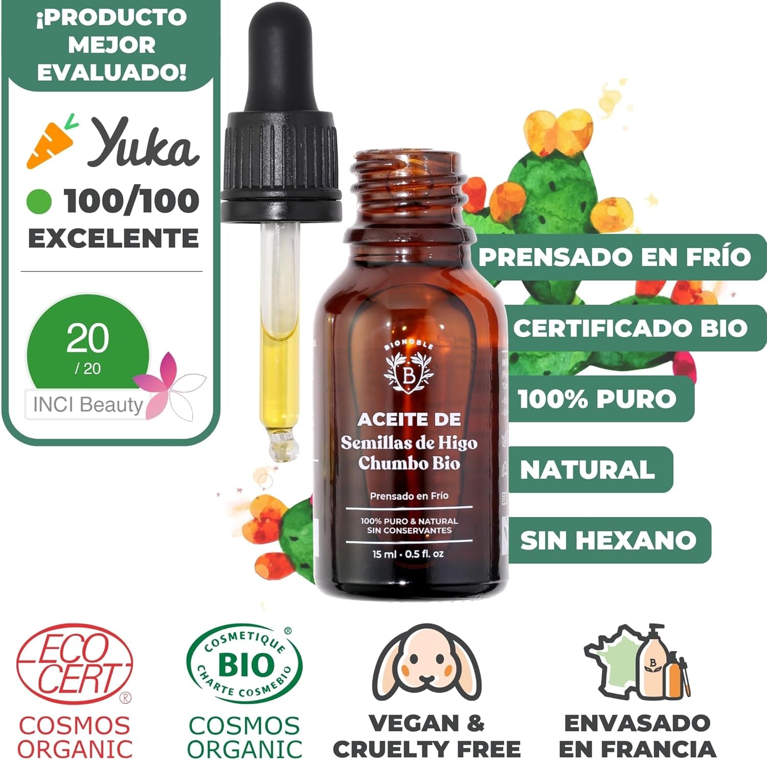 Bionoble Aceite De Higo Chumbo Orgánico 15Ml - 100% Puro, Natural Y Prensado En Frío - Rostro, Cuerpo, Cabello, Barba, Uñas - Vegano Y Cruelty Free - Botella De Vidrio + Pipeta