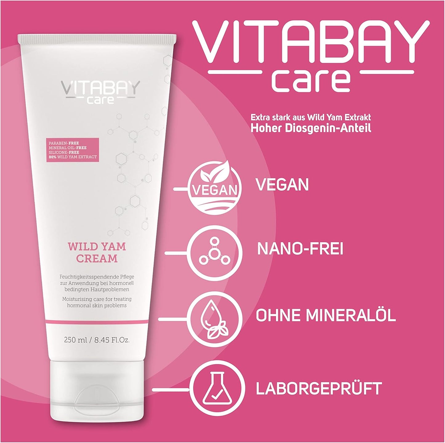 Vitabay Crema De Ñame Silvestre 250 Ml - Crema Con 80% De Extracto De Raíz De Ñame Para Rostro Y Cuerpo - 64% De Diosgenina - 100% Libre De Nanopartículas Y Sin Hormonas Sintéticas