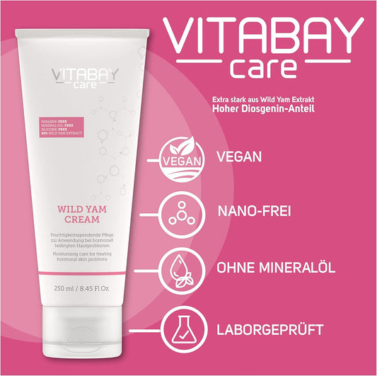 Vitabay Crema De Ñame Silvestre 250 Ml - Crema Con 80% De Extracto De Raíz De Ñame Para Rostro Y Cuerpo - 64% De Diosgenina - 100% Libre De Nanopartículas Y Sin Hormonas Sintéticas