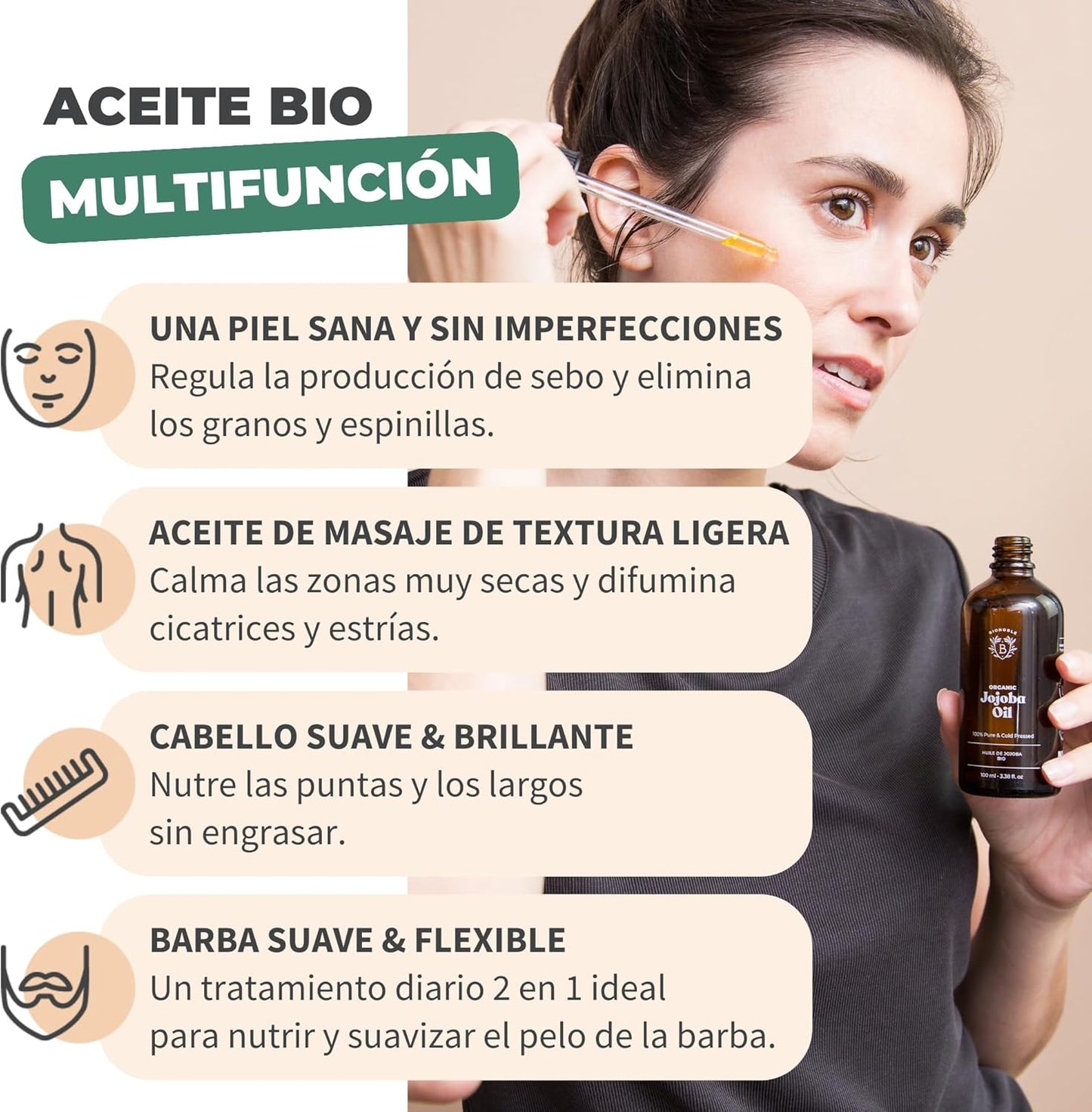 Bionoble Aceite De Jojoba Orgánico 200Ml - 100% Puro, Natural Y Prensado En Frío - Rostro, Cuerpo, Cabello, Barba, Uñas - Vegano Y Cruelty Free - Jojoba Oil - Botella De Vidrio + Bomba