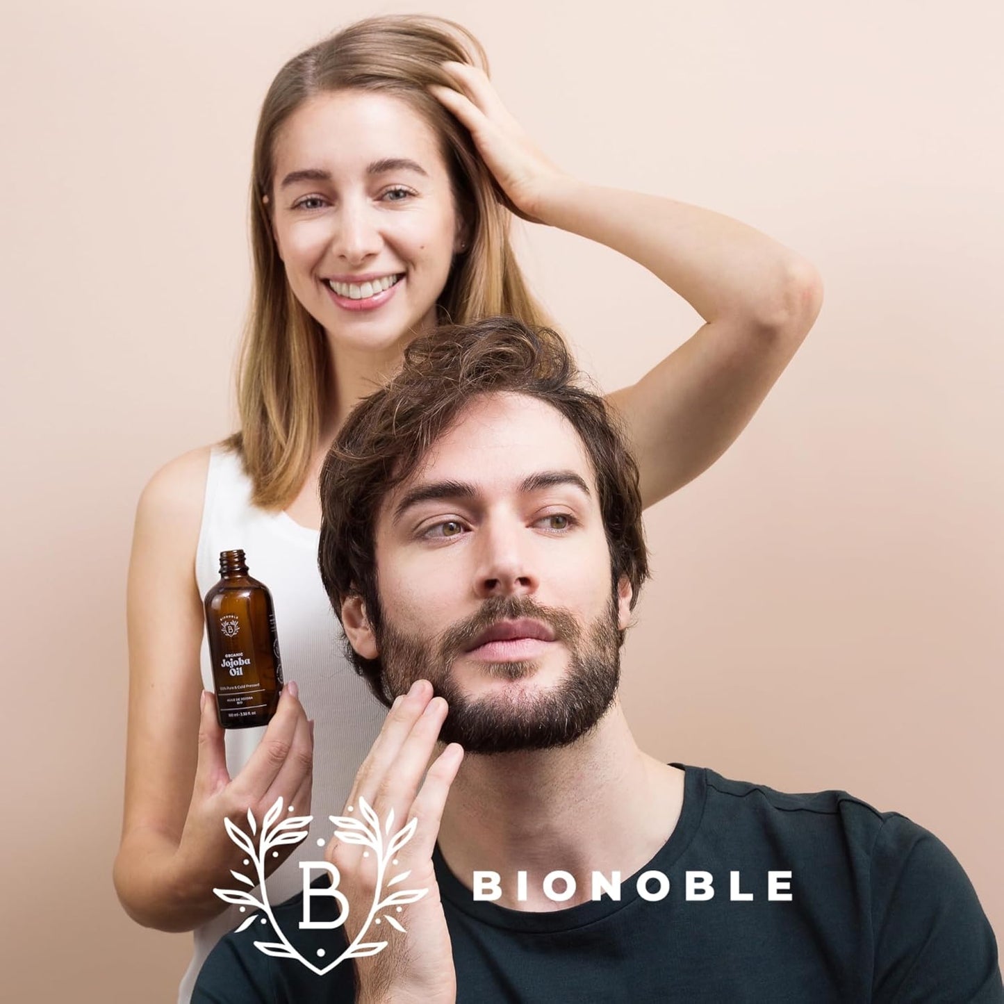 Bionoble Aceite De Jojoba Orgánico 50Ml 100% Puro, Natural Y Prensado En Frío - Rostro, Cuerpo, Cabello, Barba, Uñas - Vegano Y Cruelty Free - Jojoba Oil - Botella De Vidrio + Pipeta + Bomba.