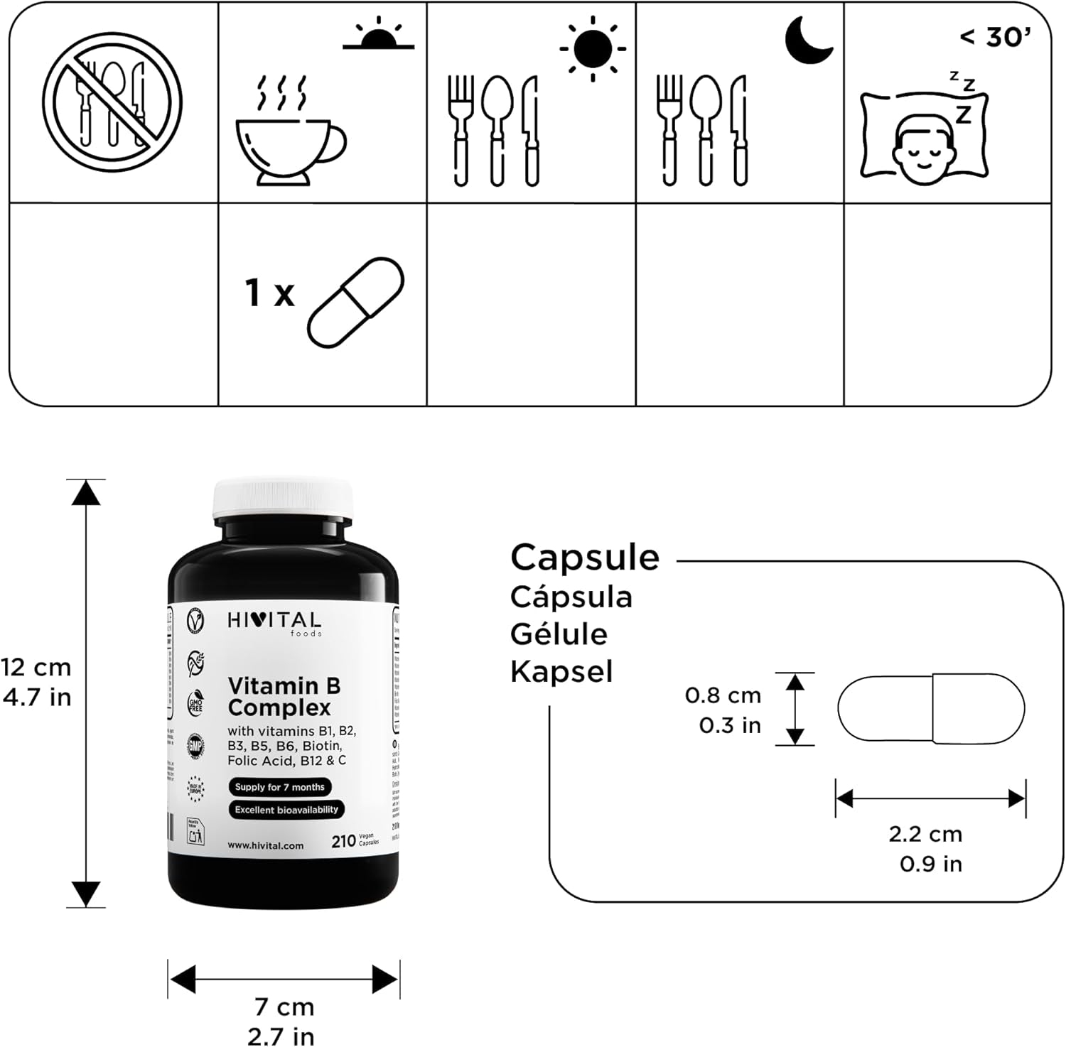 Vitamina B Complex. 210 Cápsulas Veganas Para 7 Meses De Tratamiento. Complejo Vitaminas B Con B1, B2, B3, B5, B6, B12, Biotina, Ácido Fólico Y Vitamina C. Fabricado En España Por HIVITAL