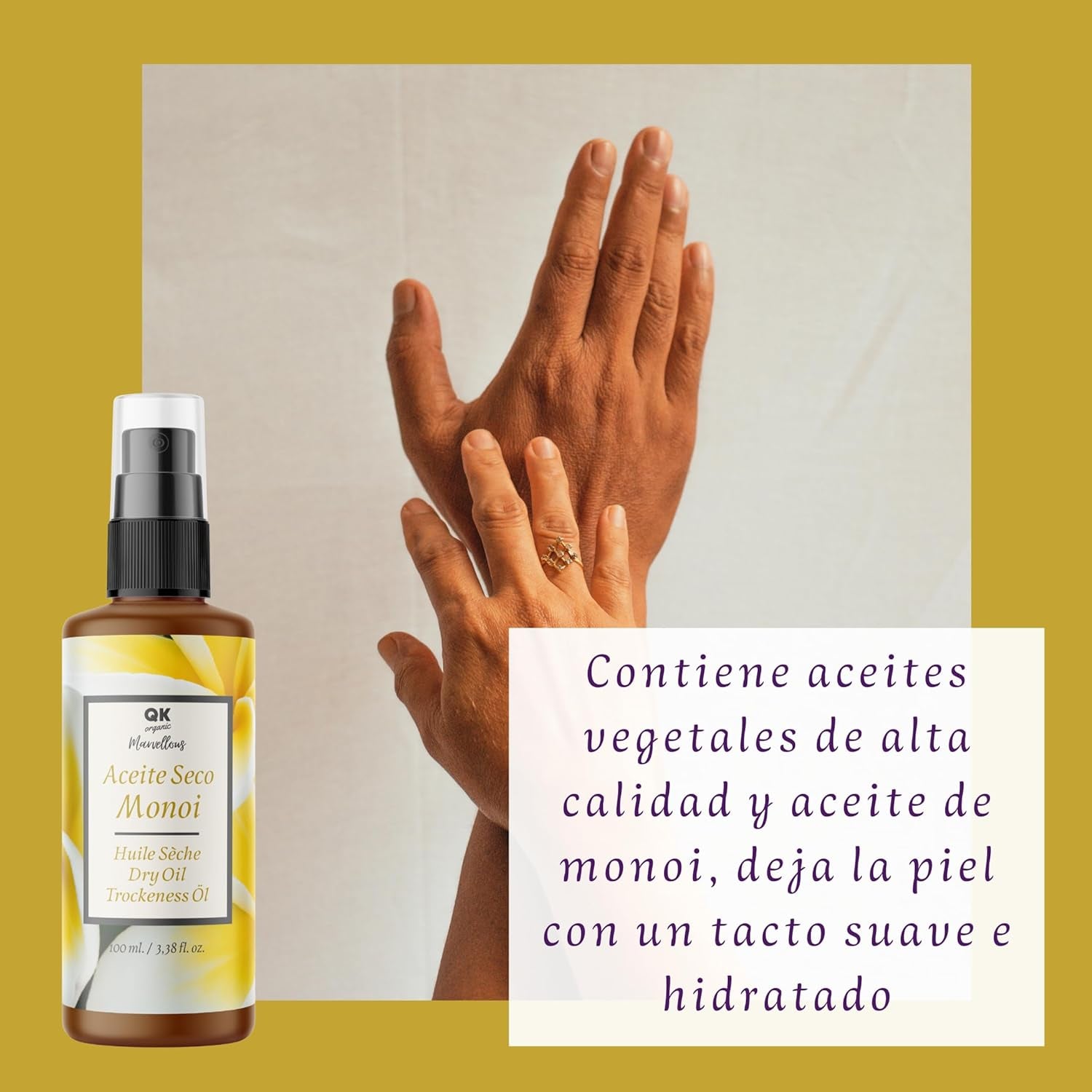 Qknatur - Aceite Seco Monoi. Hidratación Y Nutrición Para La Piel Y El Pelo. Con Una Rápida Absorción - 100 Ml. Aceite Para Masaje, Cara, Cuerpo, Cabello.