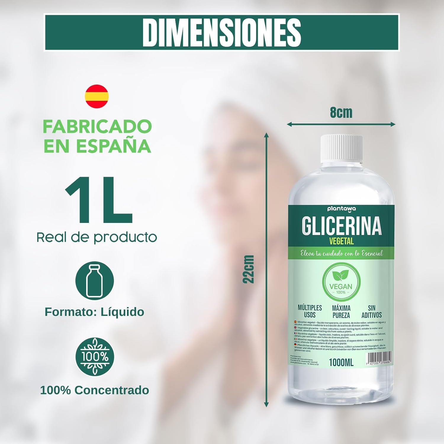 PLANTAWA Glicerina Líquida Vegetal 1L | Glicerina Líquida Para Hacer Jabones, Cosméticos Y Secado De Flores | Hidratante Natural Para Piel Y Cabello, 99.5% Pura Y Sin Aditivos