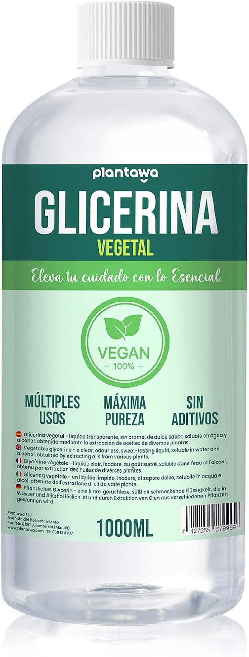 PLANTAWA Glicerina Líquida Vegetal 1L | Glicerina Líquida Para Hacer Jabones, Cosméticos Y Secado De Flores | Hidratante Natural Para Piel Y Cabello, 99.5% Pura Y Sin Aditivos